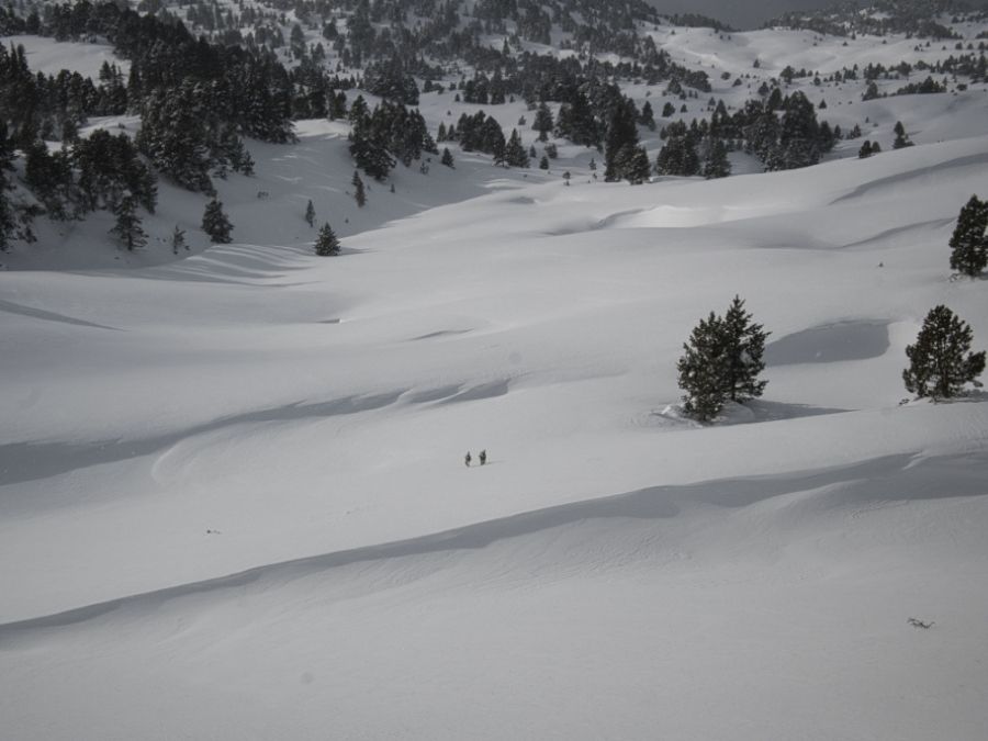 Deux personnes au loin dans l'immensité d'un paysage enneigé